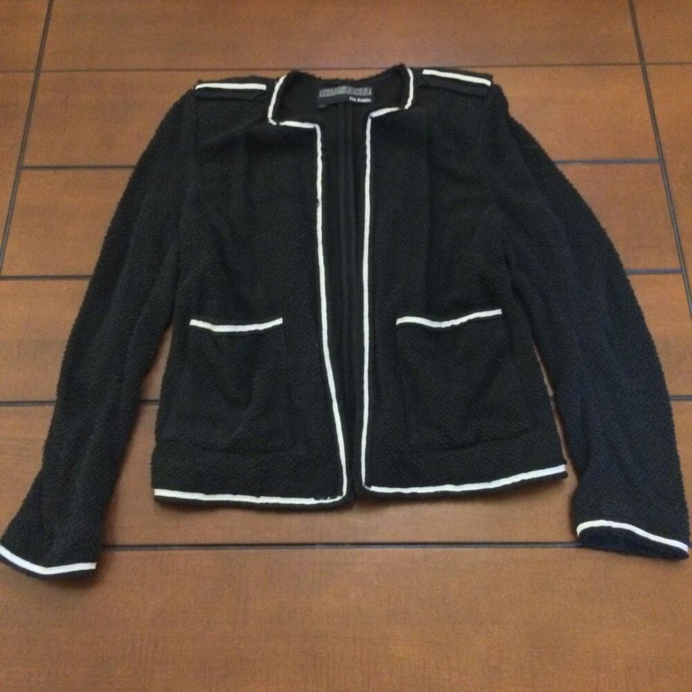 The Kooples Black Textured Knit Open-Front Evening Jacket with White Trim france
